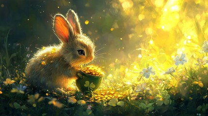 A Cute Bunny Holds A Pot Of Gold In A Sunny Meadow