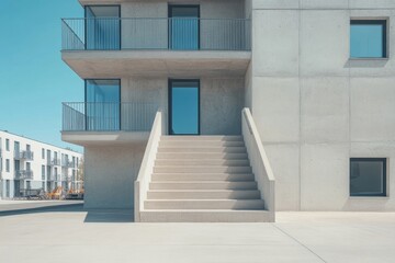 Modern concrete building with stepped entrance and minimalist design in bright daylight