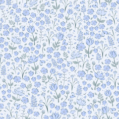 Vector illustration. Seamless pattern of delicate blue flowers on a light background. Ditsy floral blue pattern, field of flowers, print for fabric, textile, wallpaper, baby clothes, packaging	