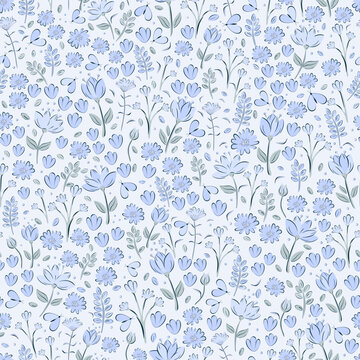 Fototapeta Vector illustration. Seamless pattern of delicate blue flowers on a light background. Ditsy floral blue pattern, field of flowers, print for fabric, textile, wallpaper, baby clothes, packaging 