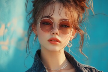 Fototapeta premium Portrait of a stylish young woman with round sunglasses and denim jacket against a vibrant turquoise backdrop