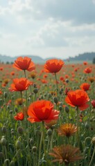 Vibrant Orange Poppy Flowers Blooming Under Bright Blue Sky