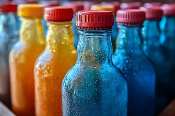Colorful drinks with bottles, and market stall.