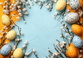 Obraz premium Colorful Easter Eggs Surrounded by Delicate Flowers on a Bright Background, Perfect for Spring Celebrations and Seasonal Decorations