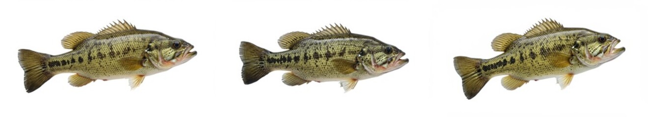 Fototapeta premium Spotted Bass Trio on White - Three spotted bass, vibrant colors, detailed scales, isolated on white, perfect for fishing, wildlife, and nature themes