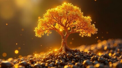 golden spreading tree with falling rays of sun