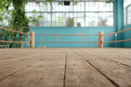 Boxing ring with wooden floor in a bright training facility surrounded by greenery