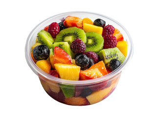 Fresh fruit salad served in a clear container with vibrant colors on a transparent background, cut out