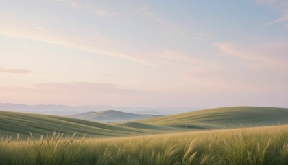 Fototapeta premium Serene Green Hills Under Soft Pastel Sky at Dawn