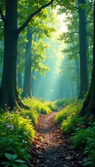 Fototapeta premium serene woodland landscape, blue sky, greenery