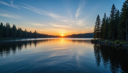 Obraz premium Serene Sunset Over Calm Lake Surrounded by Lush Green Trees