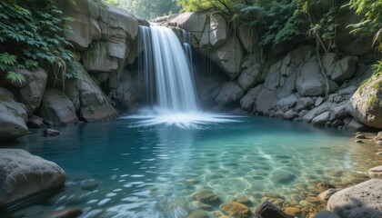Serene Waterfall Cascading Into a Crystal Clear Pool Surrounded by Rocks
