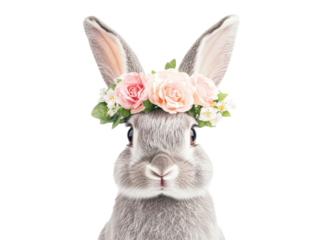 Cute rabbit with flower crown poses for a joyful portrait on a transparent background, cut out