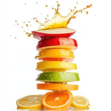 Frutas frescas cortadas, jugo, colores vibrantes