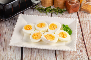 Boiled chicken eggs with bright yolk