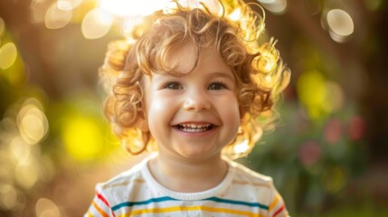 Smiling toddler with curly hair enjoying a sunny day in a vibrant garden