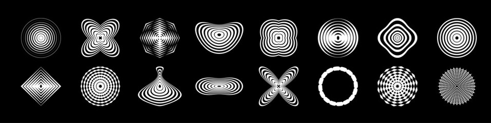 Set of striped geometric shapes, concentric circles, diamonds. Lines Design. Vector illustration. Equal periodic intervals.	