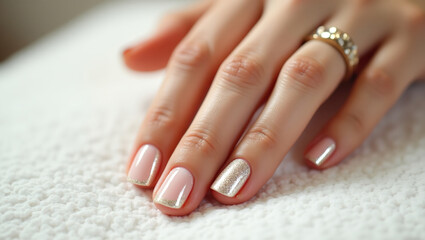 Creative manicure with gel polish in a luxury beauty salon, Nail art and design, French manicure, Fingers of a young woman's hand with beautiful pearlescent nail polish,