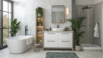 Fototapeta premium Modern minimalist bathroom interior, bathroom cabinet, white sink, vanity, indoor plants, bathroom accessories, bathtub and shower, beautiful marble floor, copy space