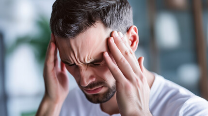 Fototapeta premium Man holding his head in pain, struggling with a headache. Concept of mental stress, migraine, and health issues. Close-up portrait. headache, migraine, man, pain, stress, discomfor