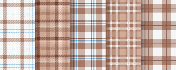 Check seamless pattern. Plaid brown background. Set gingham fabric prints. Mocha Mousse tartan shirt cloth. Lumberjack tablecloth. Geometric checkered textile. Flannel textures. Vector illustration
