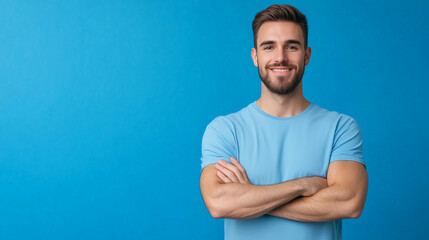 Fototapeta premium Handsome man wearing a blue t-shirt standing confidently with arms crossed. Concept of self-assurance, strength, and casual style. man, confident, blue t-shirt, arms crossed, hands