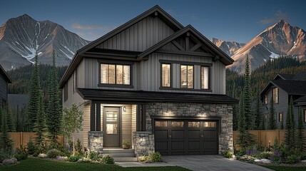 Suburban home with mountain backdrop at dusk for real estate promotion & family living concepts