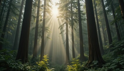 Obraz premium Sunlight Streaming Through Tall Trees in a Dense Forest Landscape
