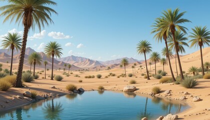 Fototapeta premium Serene Desert Oasis Surrounded by Lush Palm Trees and Mountains