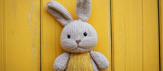 Knitted bunny and pastel Easter eggs for a warm holiday greeting