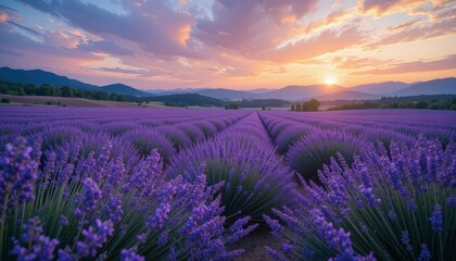 Obraz premium Lavish Lavender Fields Under Sunset Glow in Serene Landscape