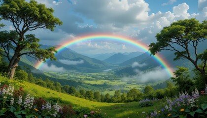 Naklejka premium Vibrant Rainbow Above Lush Green Valley with Rolling Mountains