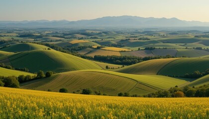 Obraz premium Stunning View of Rolling Green Hills with Flowering Fields