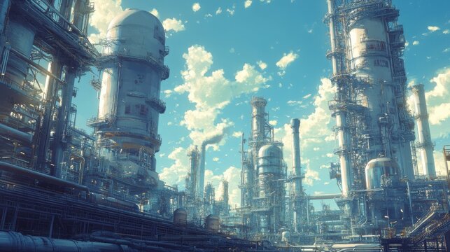 Escena industrial futurista con edificios y chimeneas