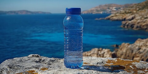 Water bottle with ocean view.