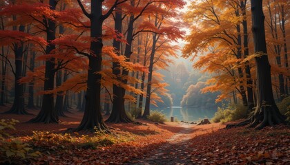 Tranquil Autumn Forest with Vibrant Foliage and Peaceful Lake Scene