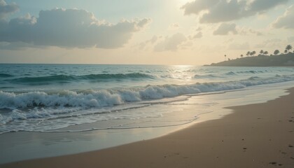Fototapeta premium Serene Beach Landscape with Gentle Waves and Golden Sunlight