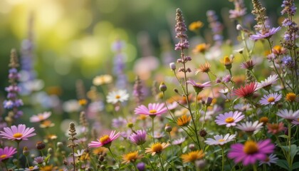 Obraz premium Colorful Wildflower Meadow in Soft Focus with Gentle Sunlight Effects