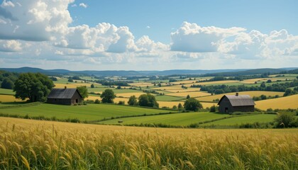 Fototapeta premium Serene Countryside Landscape with Rolling Fields and Rustic Barns