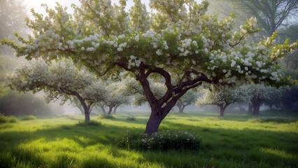Fototapeta premium Blooming Apple Trees in a Sunny Garden – Lush White Flowers, Green Grass, Morning Mist Magic