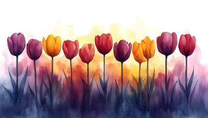 Watercolor Tulips Sunset Row.