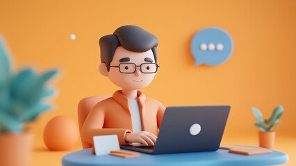 A young man is focused on his laptop in a vibrant workspace featuring an orange wall. There are plants and a clock enhancing the modern atmosphere, creating a productive environment.