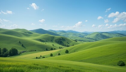 Obraz premium Serene Green Hills Under Clear Blue Sky with Soft White Clouds