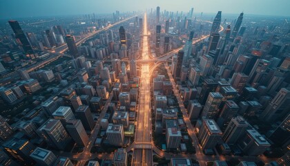 Obraz premium Aerial View of a Bustling Cityscape During Twilight in Urban Landscape