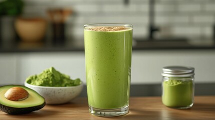 Fototapeta premium Glass of blended green smoothie with ingredients on kitchen counter, promoting healthy eating habits, avocado-matcha smoothie