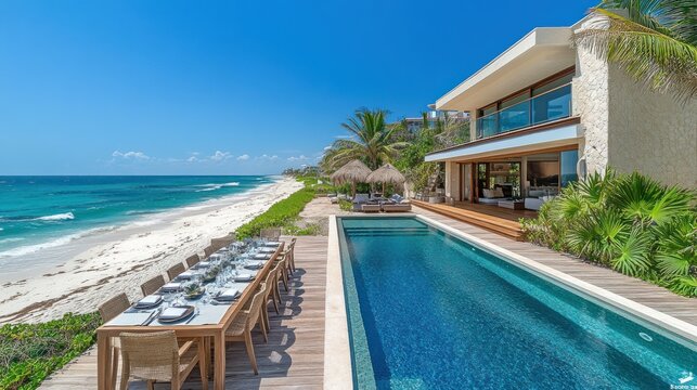 Oceanfront luxury villa with infinity pool, dining area, and beach access