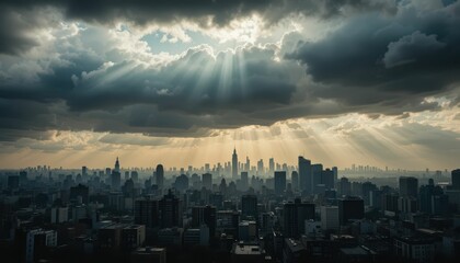 Obraz premium Majestic City Skyline Under Dramatic Clouds and Sunlight