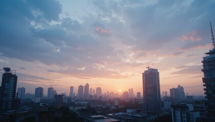 Serene Urban Sunset Over a Bustling City Skyline at Dusk