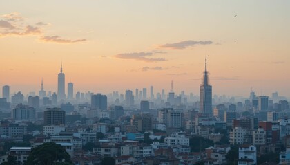 Fototapeta premium Urban Cityscape at Dusk with Skyline and Towers Against Soft Sunset