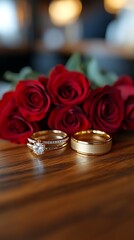 Wedding rings with red roses, and wood table.